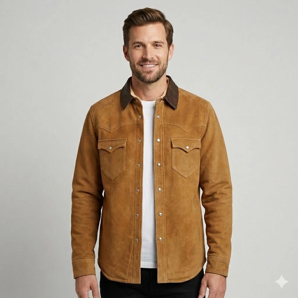 Tan Brown Button Shirt Trendy Real Soft Suede Lambskin Leather Fit Men’s Stylish