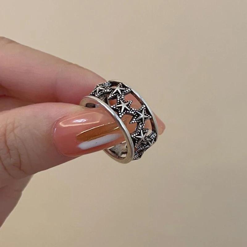 Y2K Style Crystal Pentagonal Star Ring for Women Romantic Moon Hollowed Out Star Personality Metal Finger Rings Fashion Jewelry