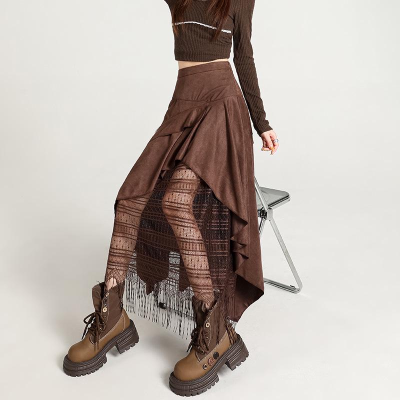 Women's High Waist Lace Patchwork Suede Midi Skirt, 2025 Autumn/Winter