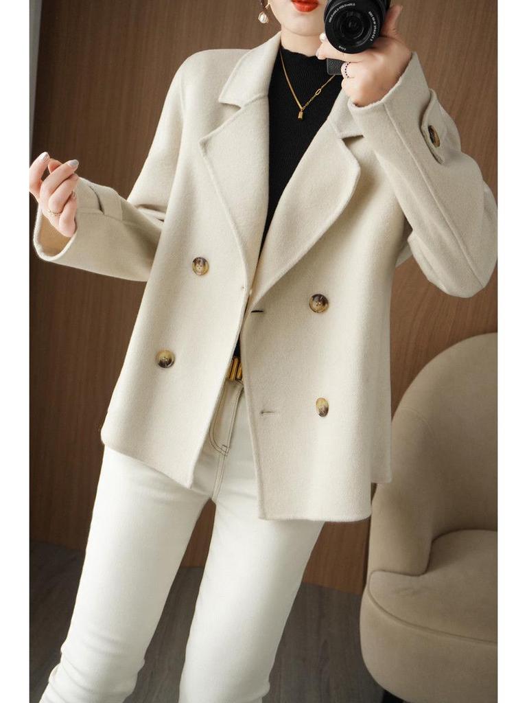 Manteau Laine Ample Petite Taille Femme - Manteau Court Tendance à Revers pour Début Printemps 2025