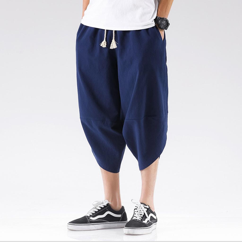 Men's Summer Fashion Leisure Color Cotton Linen Loose Calf-Length Pants