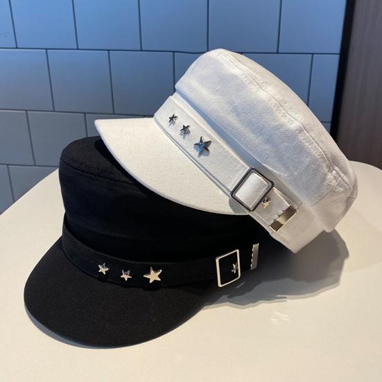 Women Extended Brim Beret Hat Flat Dome Star Decor Adjustable Newsboy Hat Outdoor Solid Color Painter Hat Streetwear