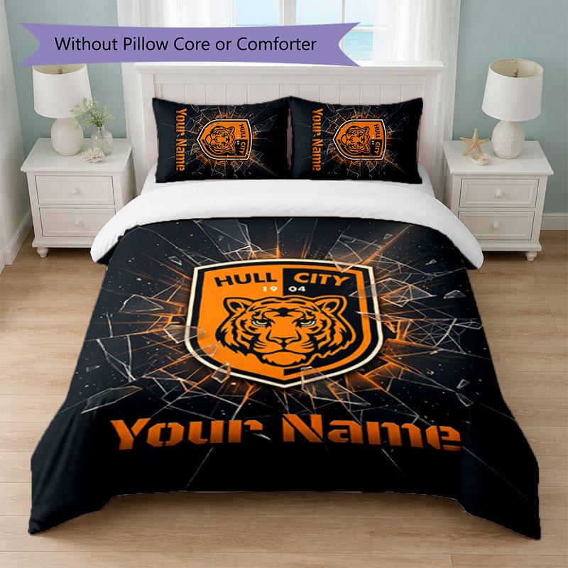 Hull City Individueller Name Text Bettwäsche Set 1 Bettbezug + 2 Kissenbezüge Fußball Logo Personalisierte Geschenk für Besonderen Anlass Schlafzimmer Dekor