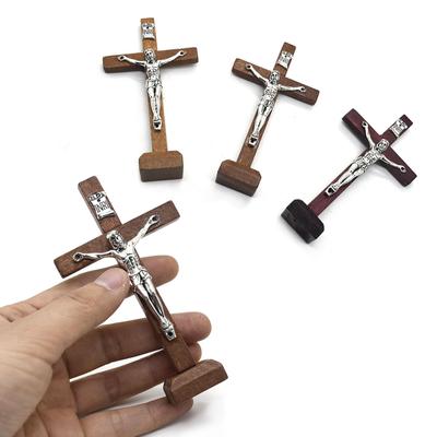1Pc Wood Catholic Cross with Stand Table Cross Religious Christian Standing Crucifix Tabletop Decoration Church Prayer