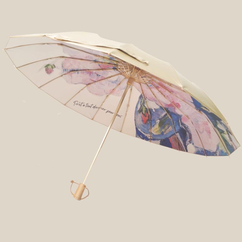 New creative three-fold 16-bone titanium hand-opened umbrella retro solid wood handle parasol sun umbrella