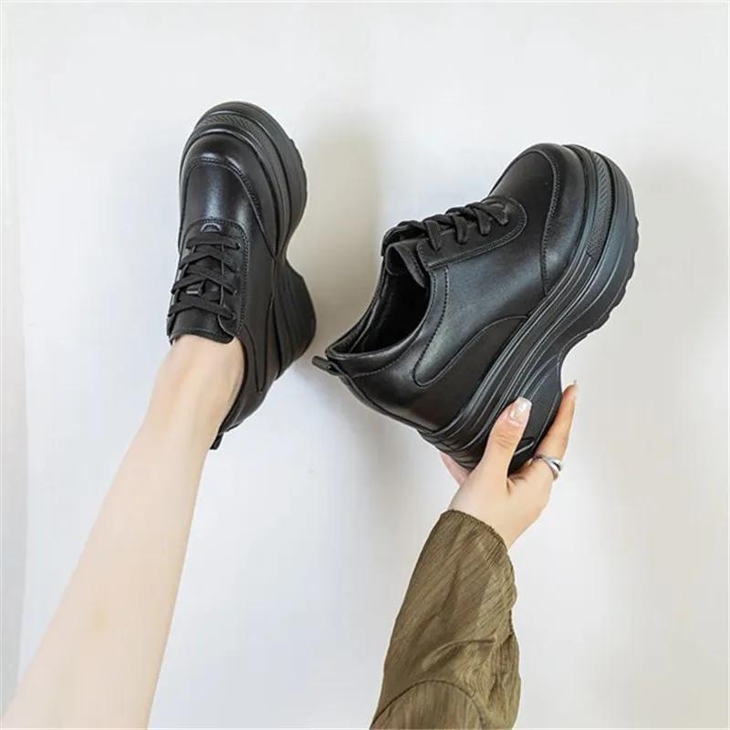 11cm Genuine Leather Women Fashion Platform Sneakers High Hidden Heel Wedge Walking Shoes Brides Wedding Shoes Tennis Shoes