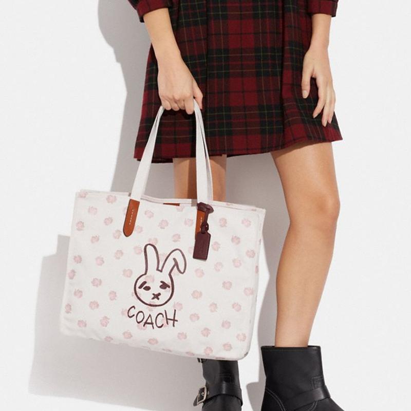 New COACH Recycled Canvas With Recycled Leather Canvas Bag, One Shoulder Handbag Large Women's White CF926-LHCAH