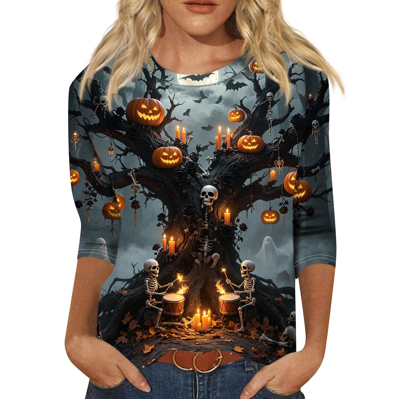 Women s Halloween Print Round Neck Three-Quarter Sleeve Casual T-Shirt L