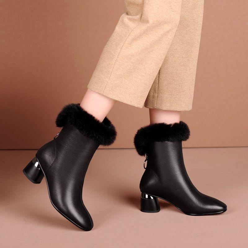 Mode Ko Läder Äkta Läder Dam Korta Stövlar,Kaninpäls Vinter Skor,Mode Mammas Stövlar,Mellan Klackar Botas,Svart,Beige,BRUN,
