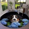 Flowers and dogs Round Area Rug,Carpet Rug for Living Room Bedroom Sofa Playroom Decor,Non-slip Floor Mat