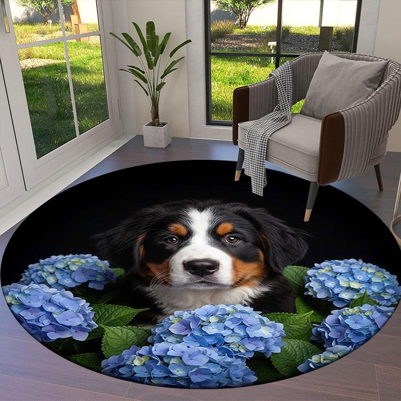 Flowers and dogs Round Area Rug,Carpet Rug for Living Room Bedroom Sofa Playroom Decor,Non-slip Floor Mat
