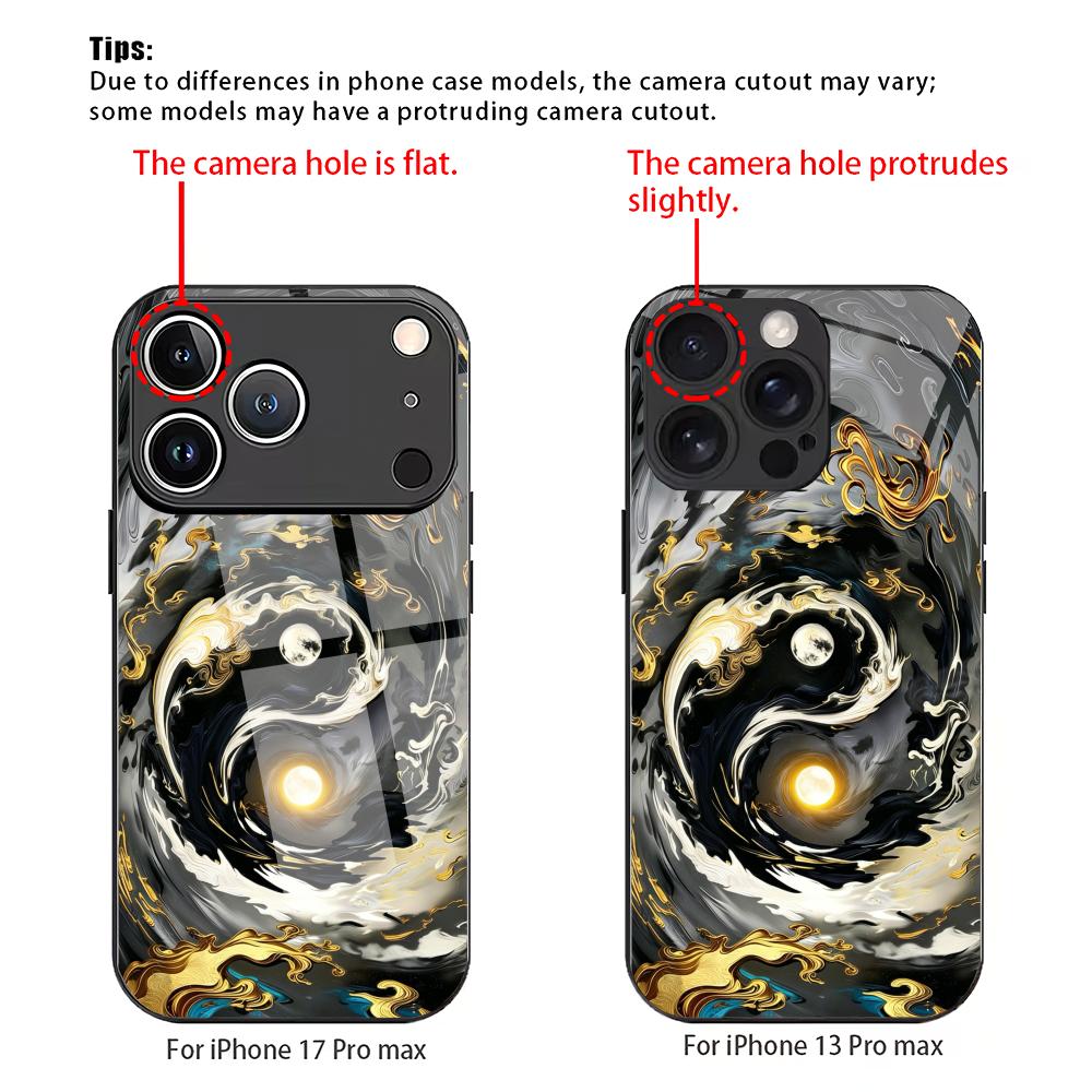 Tai Chi Circle Pattern Tempered Glass Phone Case Suitable for iPhone 17 16 15 14 13 12 11 Pro/Max/Plus Anti Shock Back Cover