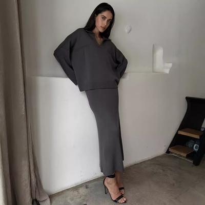 Women's 2 Piece Outfits Sweater Skirt Sets Casual Long Sleeve V Neck Ribbed Knit Tops Midi Dress Fall Winter Knit Pullover Top Bodycon Skirt for Women