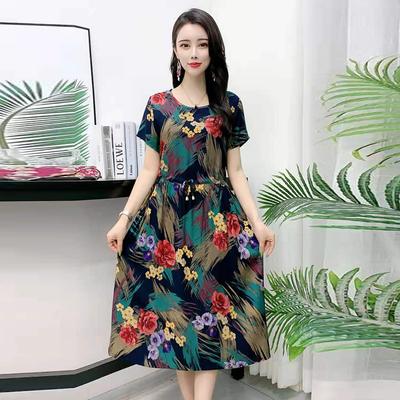 Women's Clothing Vintage Floral Printed Dresses Short Sleeve Commute A-Line Summer Round Neck Stylish Drawstring Midi Dress