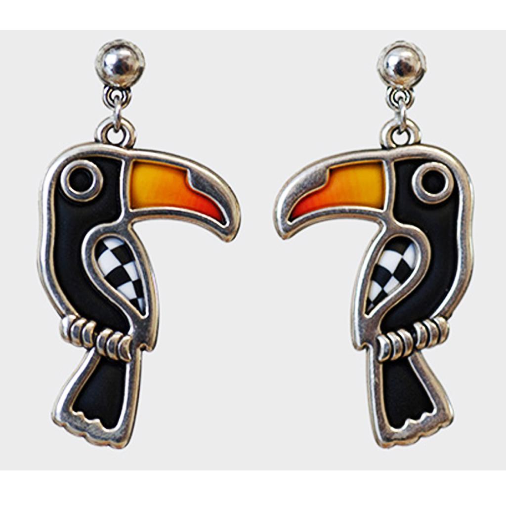 Les Trésors De Lily [R6463] - Boucles d'oreilles artisanales 'Colombine & Arlequin' noir argenté (toucans) - 50x25 mm