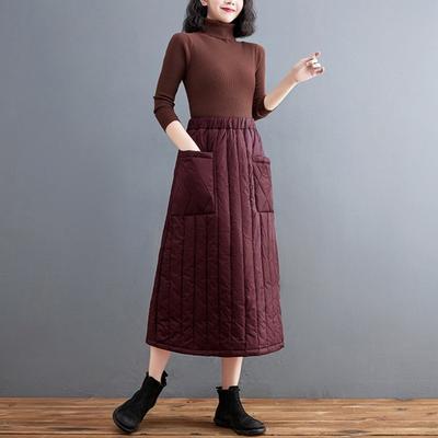 Yousheng Women Down Skirt Elastic High Waist Large Swing Design Midi Skirt with Pockets Solid Color A-Line Windproof Skirt