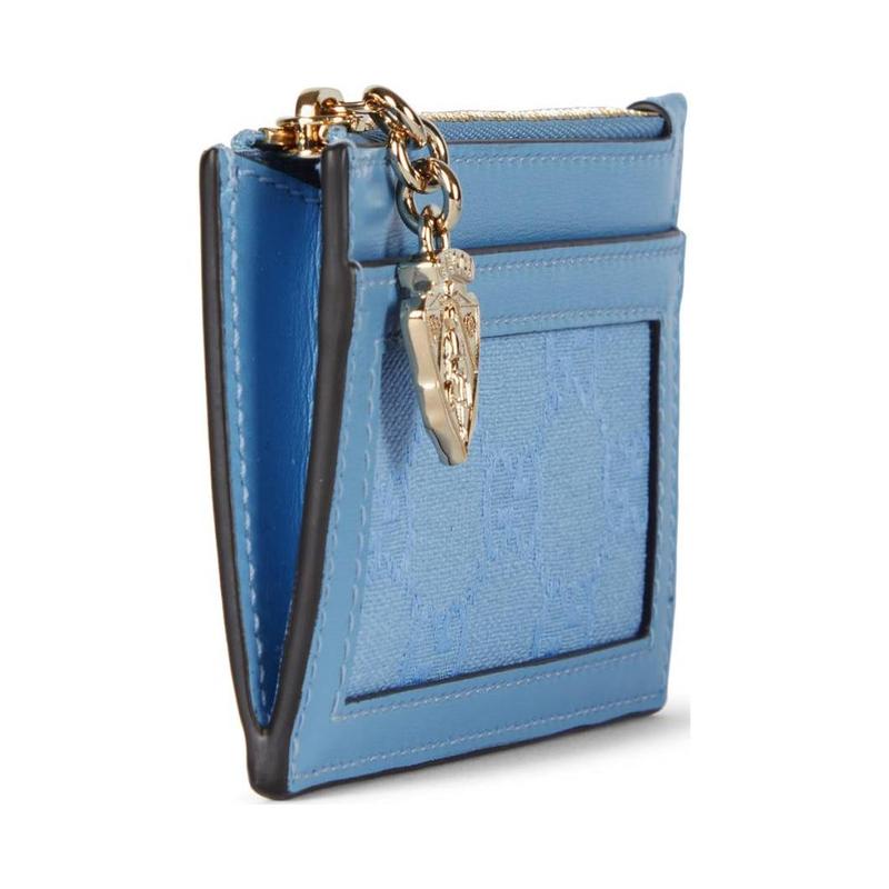 Gucci Luce Series Light Gold Tone Metal Accessories Zipper Closure Leather Piping and Canvas Card Holder Women's Blue