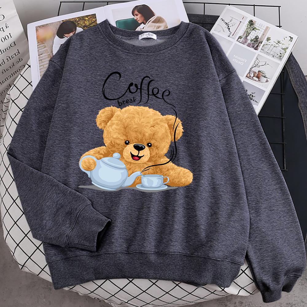 Street Casual Damska Bluza Przerwa na Kawę Miś Robiący Kawę Nadruk Bluzy Luźne Miękkie Pulowery Okrągły Dekolt Polarowe Ubrania