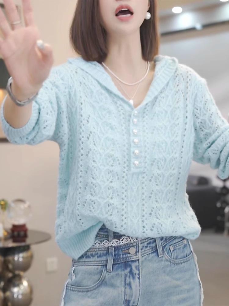 Women's Long Sleeved Shirt Hollow Hooded Knitted Sweater for Spring and Summer Women's Hollow Sweater