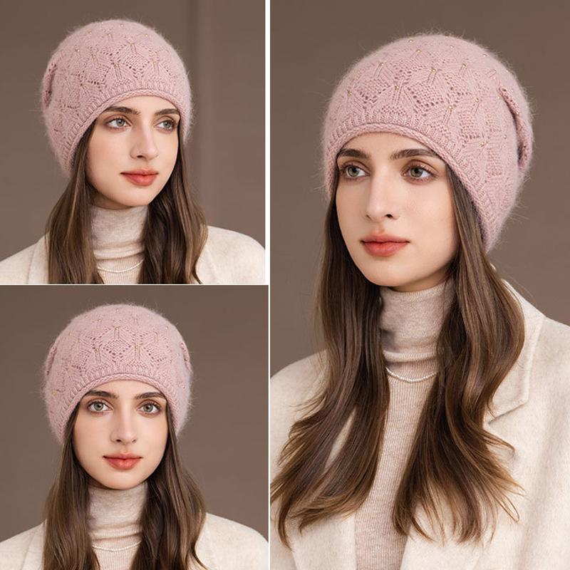 Winter Rabbit Fur Knitted Hat Women's Pullover Hat
