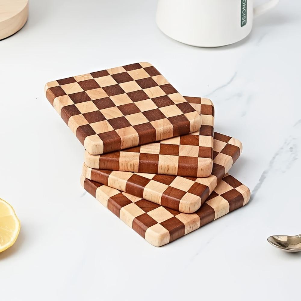4in Wood Square Checkered Coasters Cute for Home Kitchen Table Coffee Tea Beer Bar Decor Rustic Outdoor Charcuterie Board