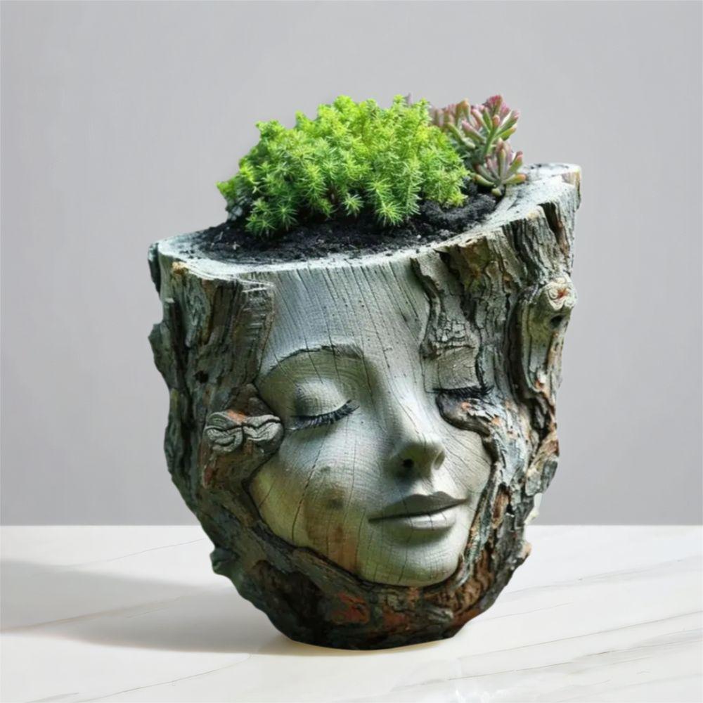 Resin Crafts Girl Face Flowerpot Funny Figure Planter Tree Stump Girl Pot Living Room Decoration
