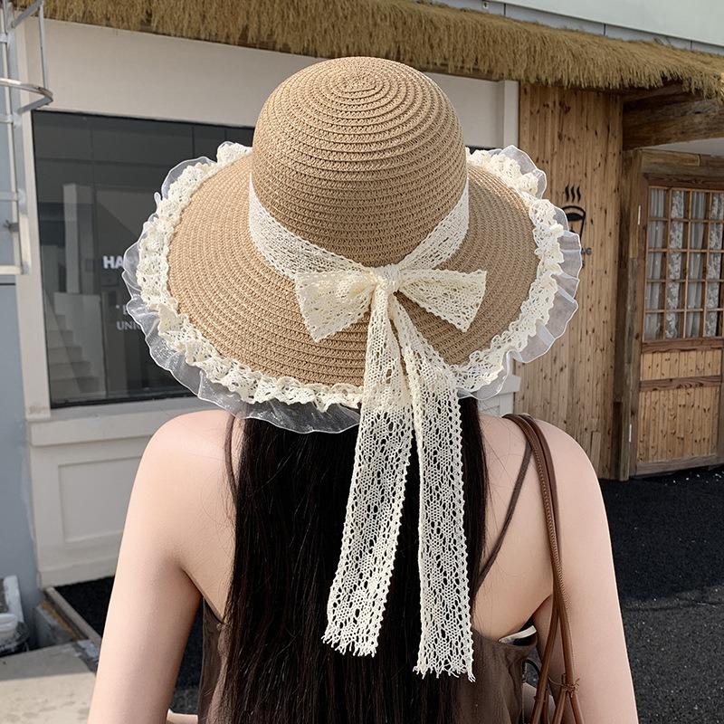 Summer Bow Sun Hat Female, Seaside Beach Vacation Sun Hat Outdoor Big Brim Sun Hat Sweet Straw Hat