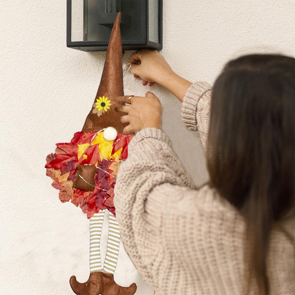 LED Fall Wreath Thanksgiving Long Leg Dwarf Wreaths Ornament With Maple Leaves Faceless Old Man Autumns Decorations For Front Door, Porch, Window