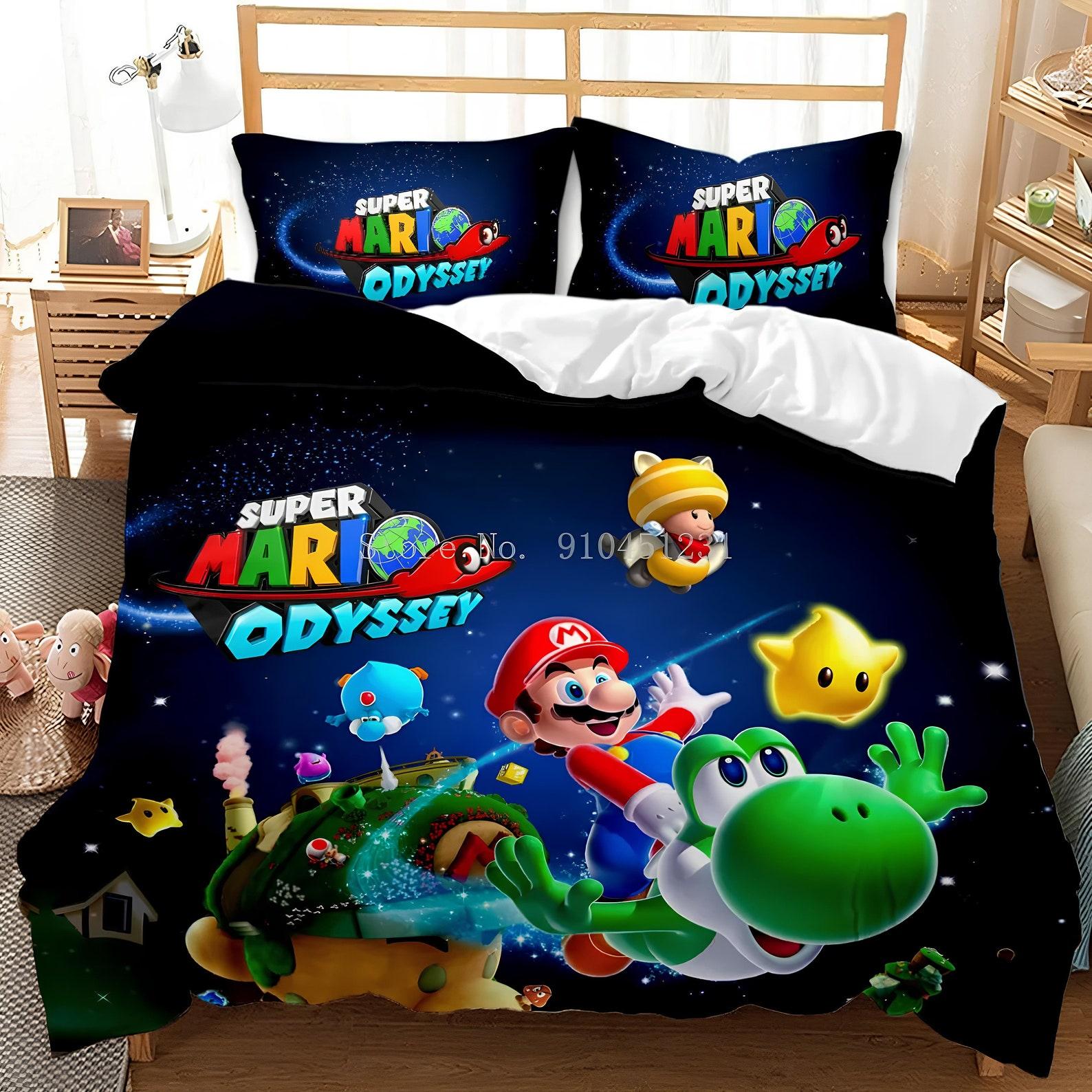 Super Mario Odyssey Bedding Set, Mario Yoshi Duvet Cover, Gamer Room Decor 135x200cm