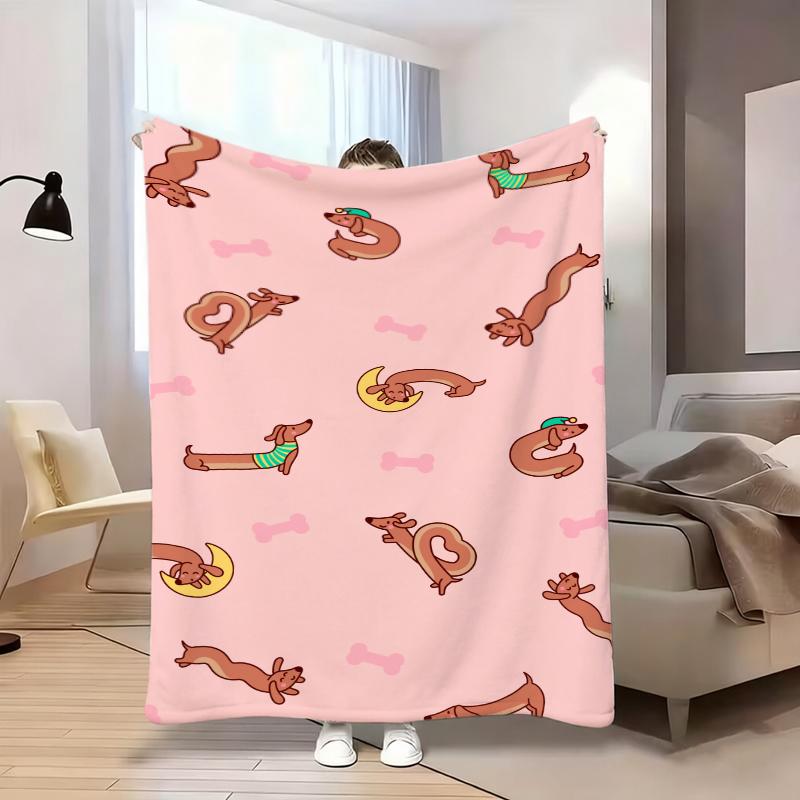Pink Background Multi Pose Dachshund Bone Flannel Blanket For Playful Bedroom Decor Soft Warm Throw Blanket Wrap