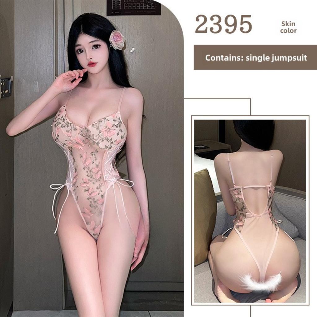 Sexy Lingerie Mesh Butterfly Embroidery Side Strap Open Gear Free Small Chest Big Onesie