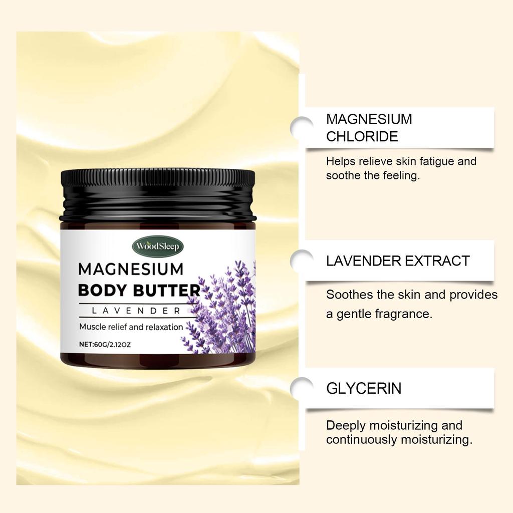 Lavender Magnesium Body Butter - en återfuktande kräm lämplig för torr hud, som avger en avslappnande doft, mild och icke-fet.