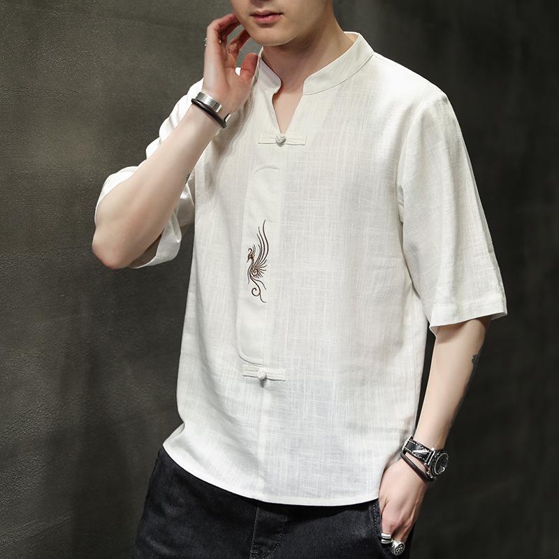 Мужская летняя однотонная повседневная футболка в китайском стиле с короткими рукавами молодежная тонкая вышитая блузка с V-образным вырезом 5XL 2739₽