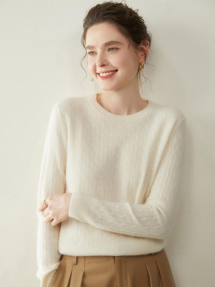 Women's Light Luxury Cashmere Sweater - Autumn/Winter Cable Knit, Round Neck, Slimming Fit, Long Sleeve.