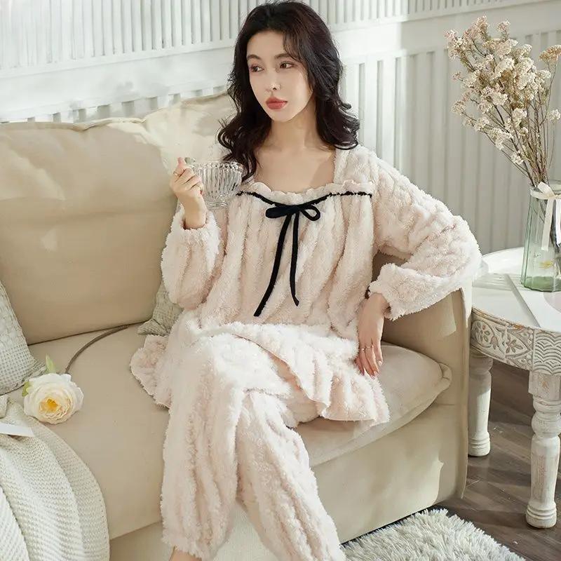 Women Sleepwear Coral Velvet Pajamas Women Autumn Winter Thick Loungewear Cute Flannel Insulation Large Size Home Clothing Set