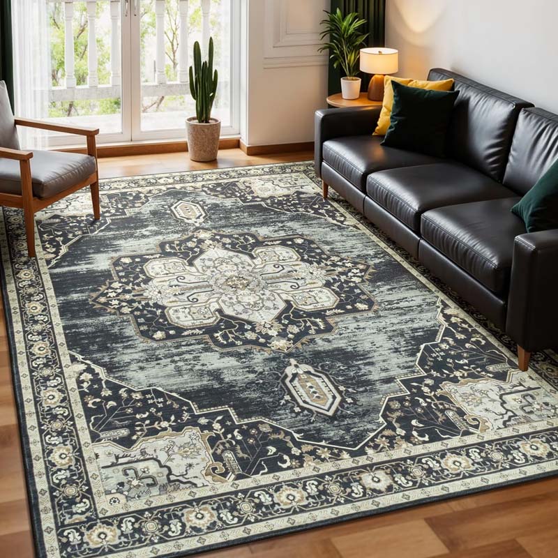 Gray Tone Persian Pattern Living Room Large Carpet Black White Gray Retro Persian Worn Texture Anti-slip Rug for Home Decor