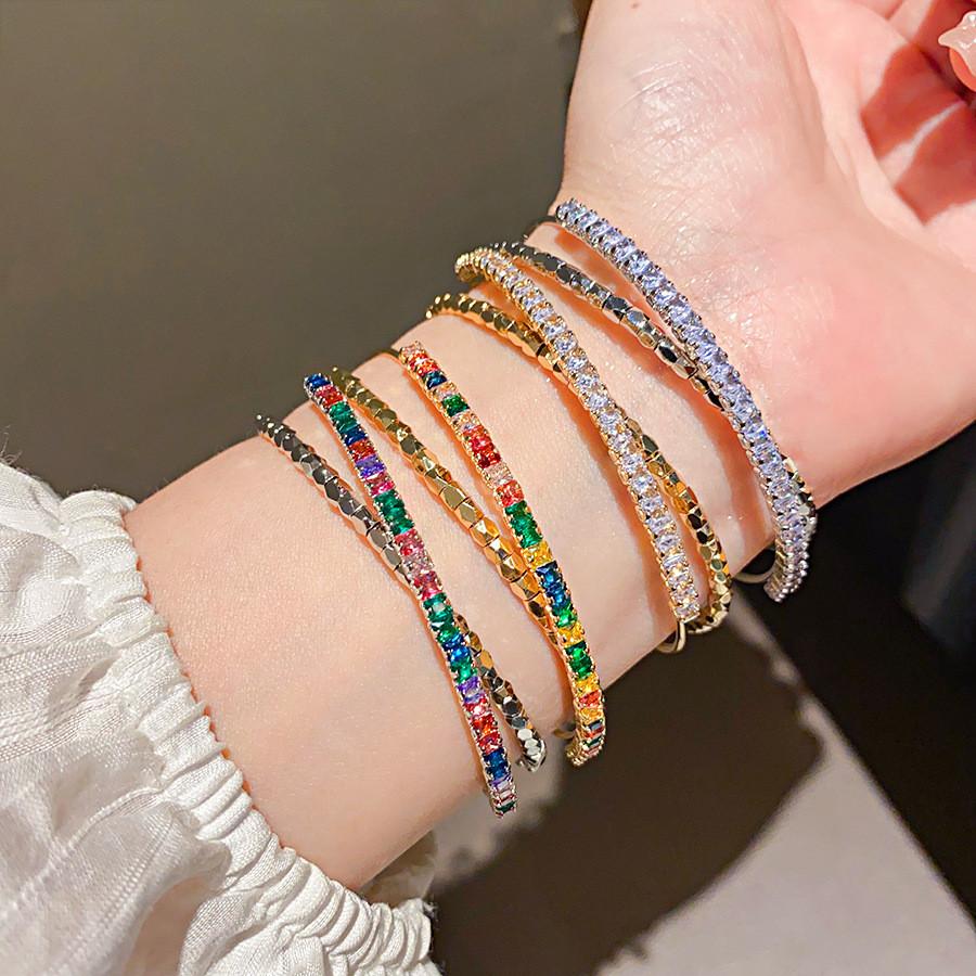Geometric Zircon Metal Open Cuff Bracelet With Sparkling Stones For Women Fashion Jewelry