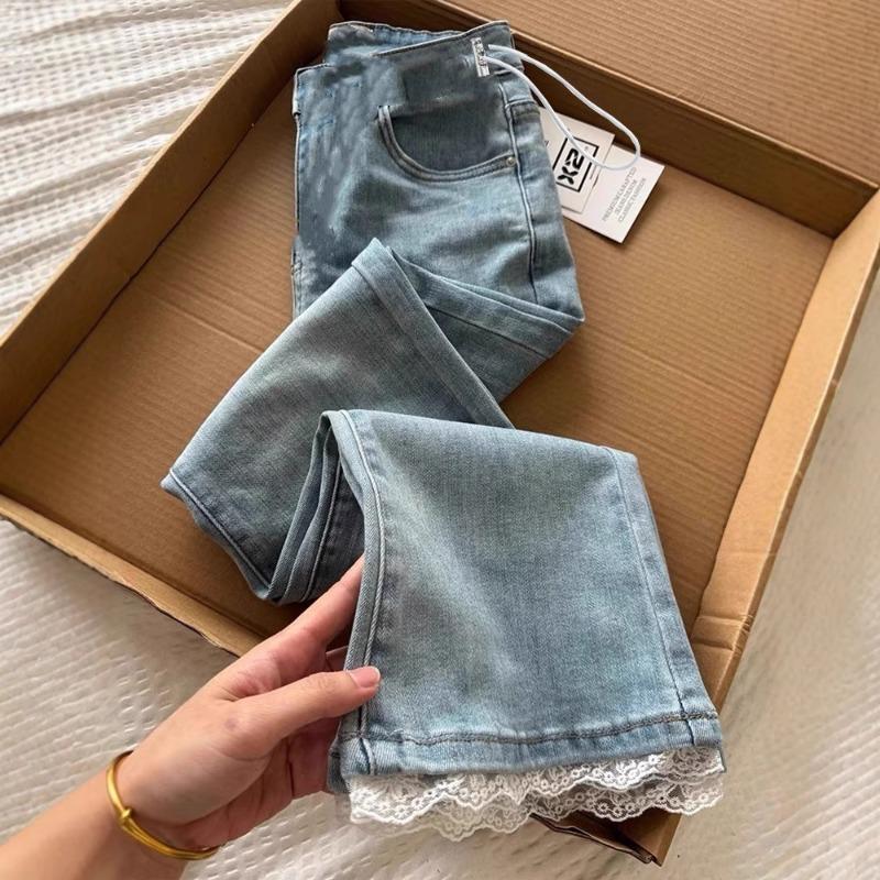 #Pregnant women's nine-point pants thin drawstring summer wear micro-flared pants high-waisted elastic jeans
