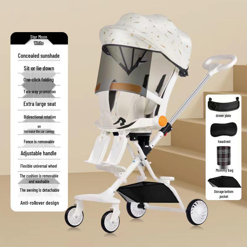 Cărucior pliabil bidirecțional cu șasiu înalt pentru bebeluș, cu patru roți