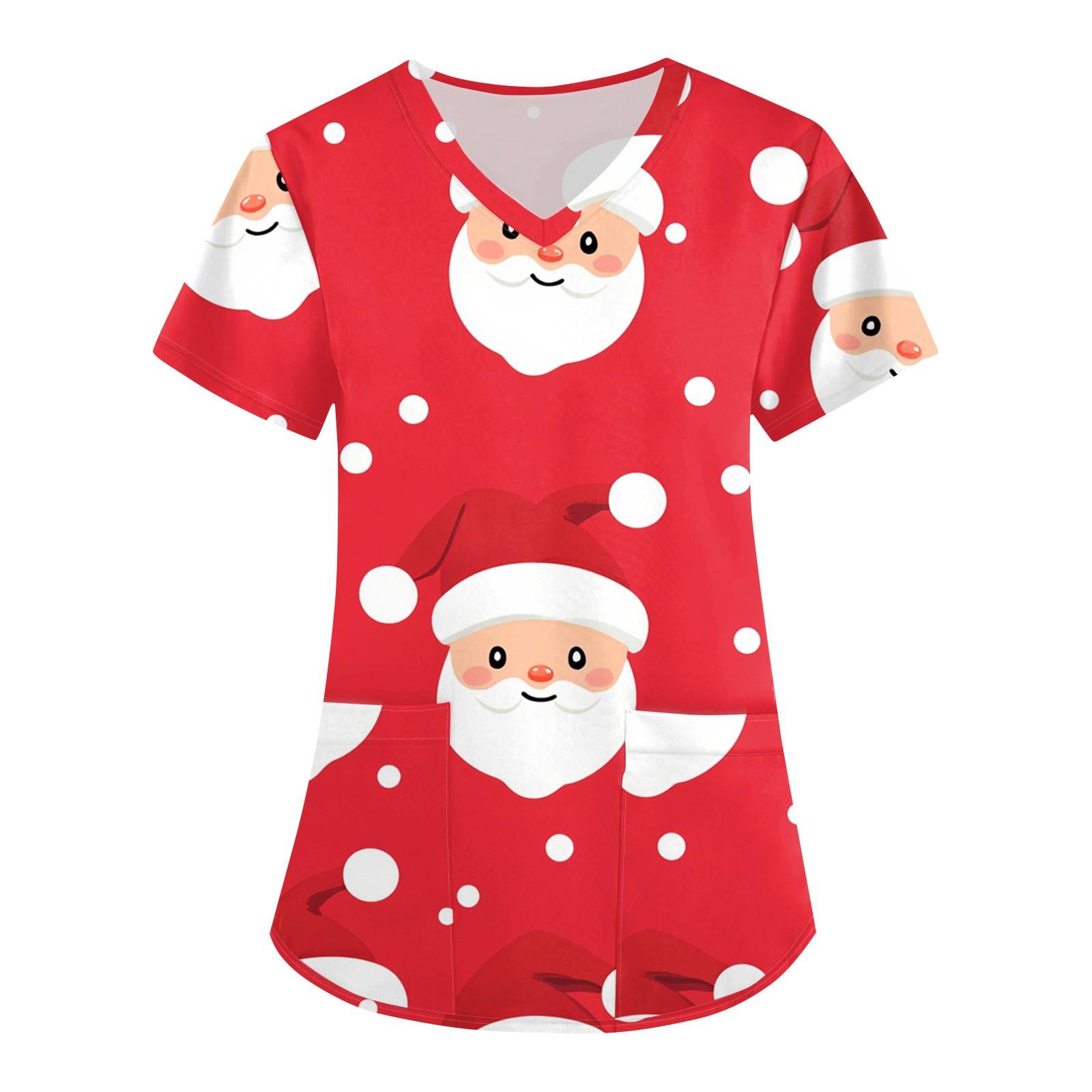 

Женская мода с рождественским принтом и короткими рукавами с v-образным вырезом, маленькая рабочая футболка с карманами S красный