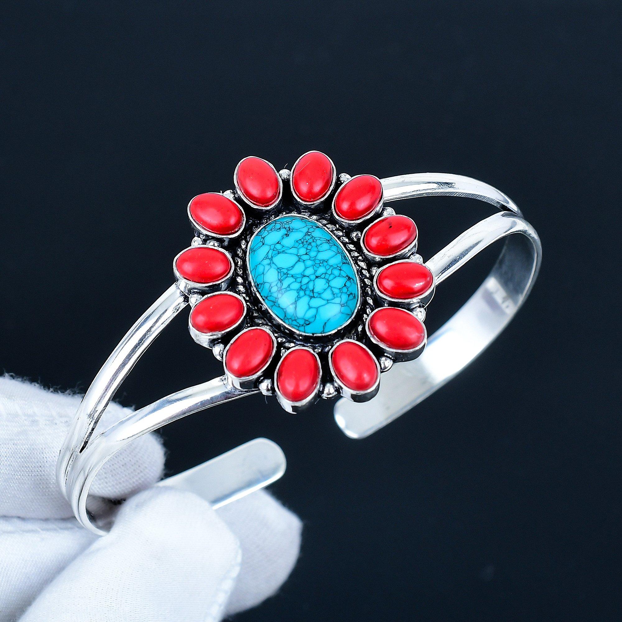 

Натуральный Красный Коралл Драгоценный Камень Ручной Работы Манжета Браслет 925 Стерлинговое Серебро Манжета Браслет, Бирюзовый В Форме Цветка Браслет Для Жены, Унисекс Браслет, Подарок Любви 7 синий