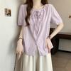 Taro Purple Lace-Up Plus Size Women's Summer French Retro Round Neck Puff Sleeve Top