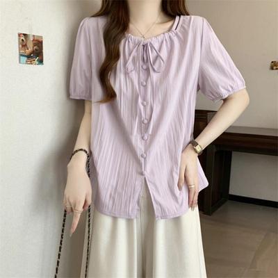 Taro Purple Lace-Up Plus Size Women's Summer French Retro Round Neck Puff Sleeve Top