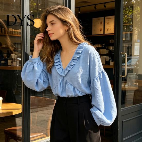 Lockere Bluse Damen Rüschen V-Ausschnitt Bluse, Laternenärmel Festliches Lässiges Oberteil, Profil Falten Einfarbige Hemdbluse für Herbst Dame