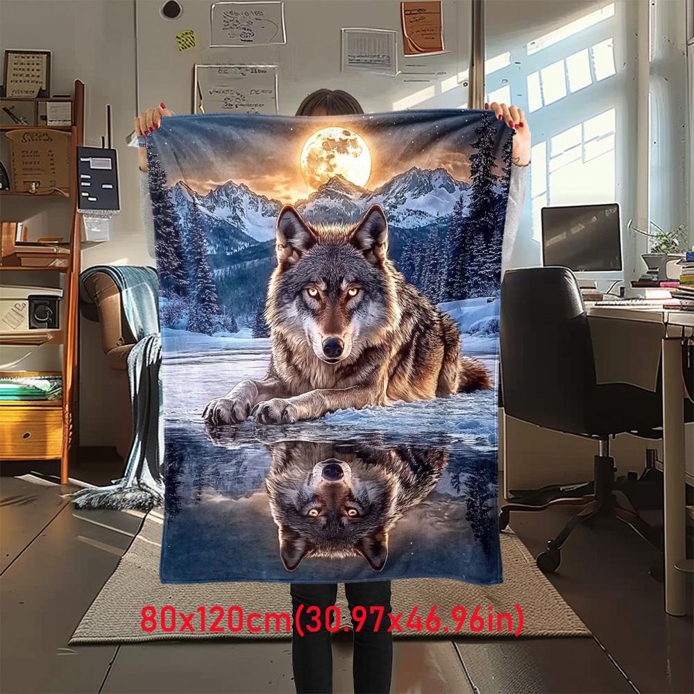 1 шт. Фланелевое одеяло с принтом отражения волка, Высококачественное, Удобное для всех сезонов, Домашний декор, Тепло и комфорт, Идеально для рождественских подарков14 80cm x 120cm