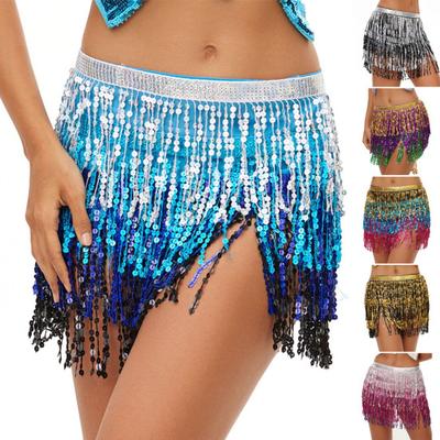 Belly Dance Skirt Layer Tassel Hip Scarf with Sequins Bohemian Elastic Waist
