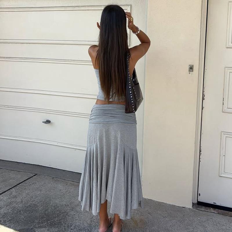 European and American women's solid color slanted shoulder sleeveless crop top, high waist pleated skirt two-piece set