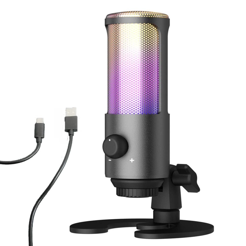 Fujirec USB Condenser Microphone Gaming Microphone, Wired USB Microphone, RGB, Unidirectional, Low Noise, Intelligent Noise Reduction, Volume Knob,