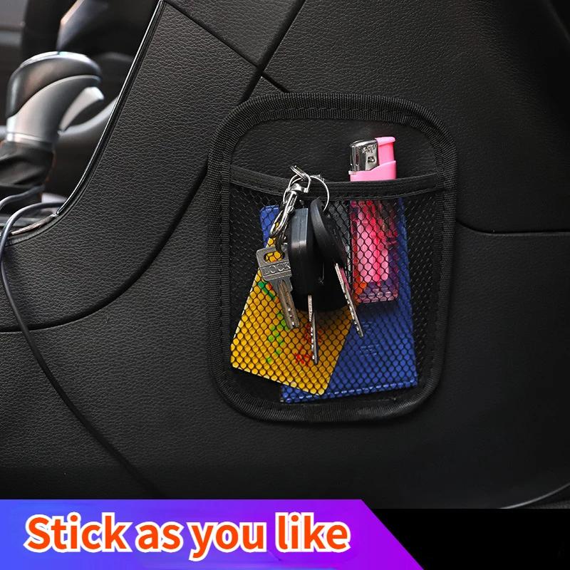 Self Adhesive Car Seat Net Pocket Holder, Universal Sticky Storage Pocket for Phone Purse Card Car Seat Back Side Door Organizer