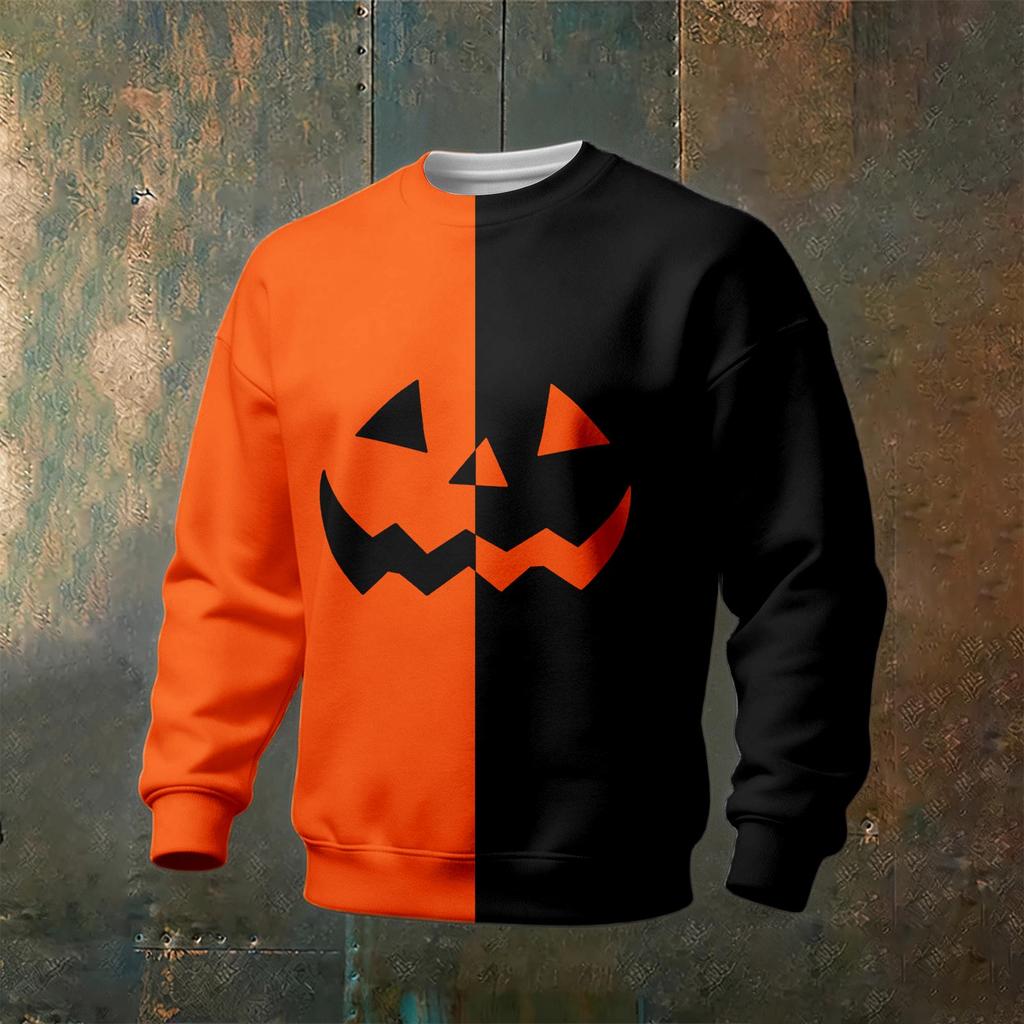 Men's Casual Sweatshirt Long Sleeve Neck Halloween Print Pullover for Holiday Party and Everyday Wear